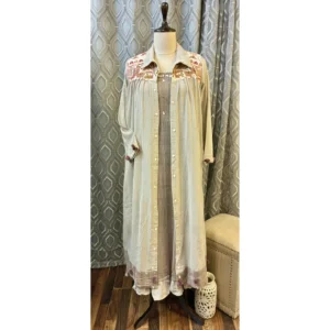 Autumnal Mouse Two-Piece Linen Midi with Hand-Woven Cross-Stitch Jacket