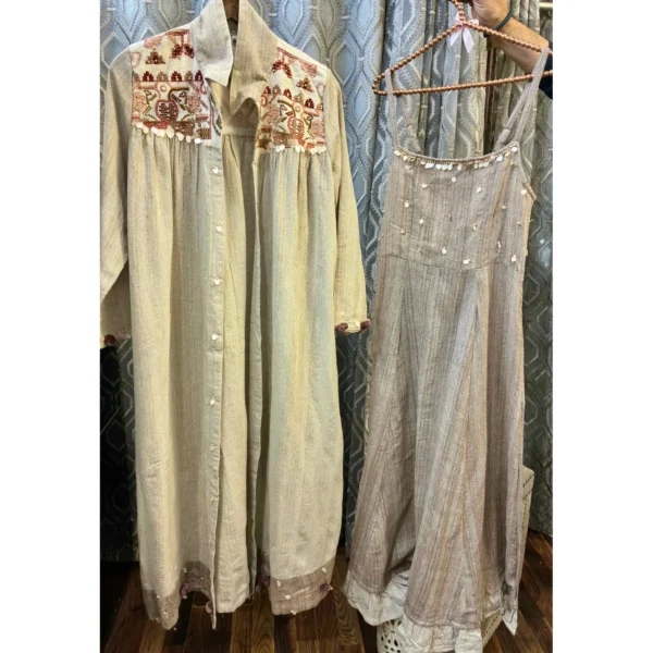 Autumnal Mouse Two-Piece Linen Midi with Hand-Woven Cross-Stitch Jacket