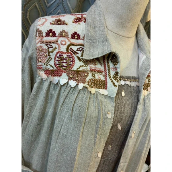 Autumnal Mouse Two-Piece Linen Midi with Hand-Woven Cross-Stitch Jacket