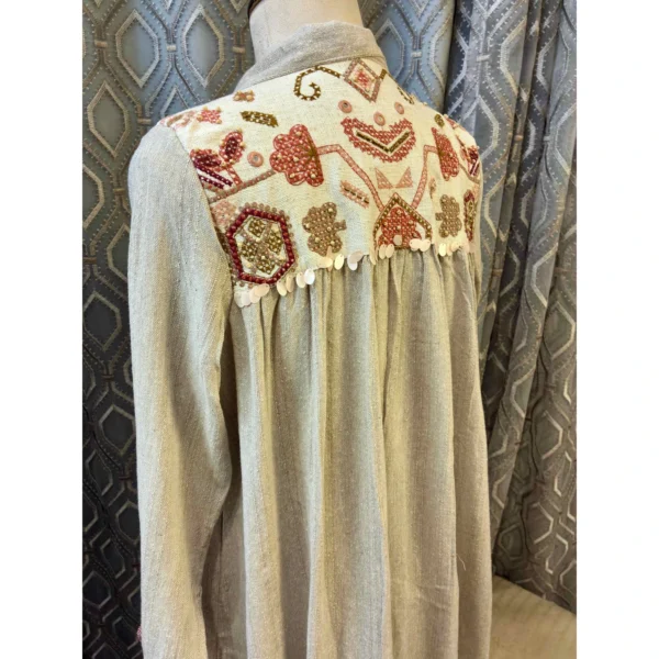 Autumnal Mouse Two-Piece Linen Midi with Hand-Woven Cross-Stitch Jacket