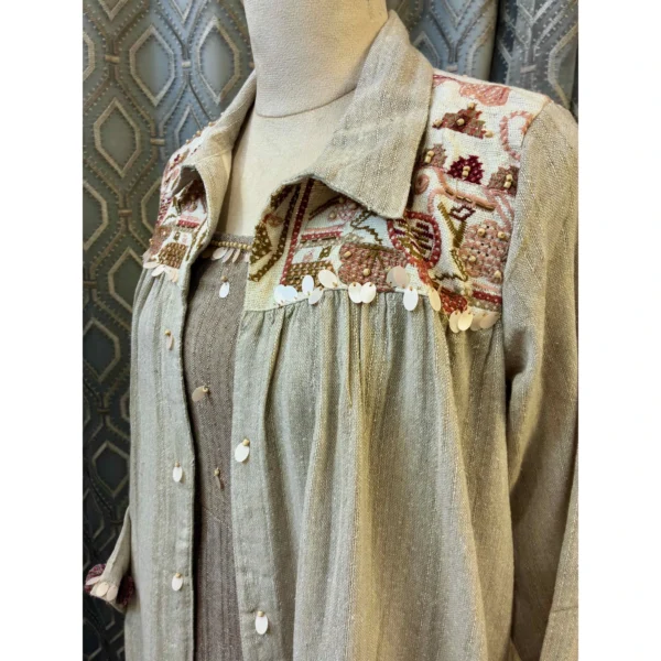 Autumnal Mouse Two-Piece Linen Midi with Hand-Woven Cross-Stitch Jacket