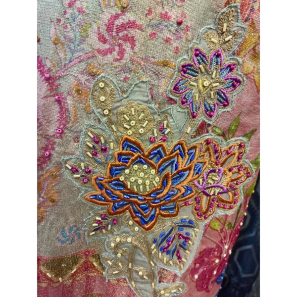 Burberry Silk Digital Print Suit with Artisanal Cut-Work & Moti Details