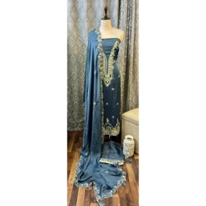 Deep Blue Diamond Satin Suit with Resham & Mirror Work