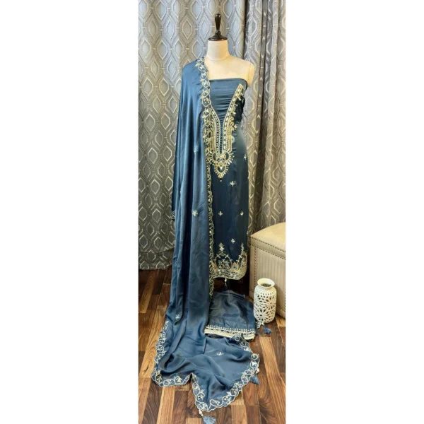 Deep Blue Diamond Satin Suit with Resham & Mirror Work