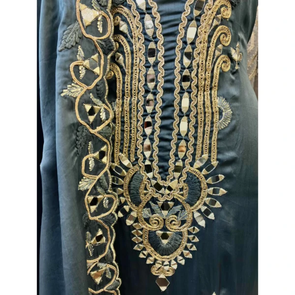 Deep Blue Diamond Satin Suit with Resham & Mirror Work