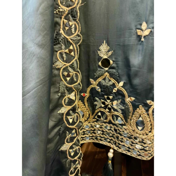 Deep Blue Diamond Satin Suit with Resham & Mirror Work