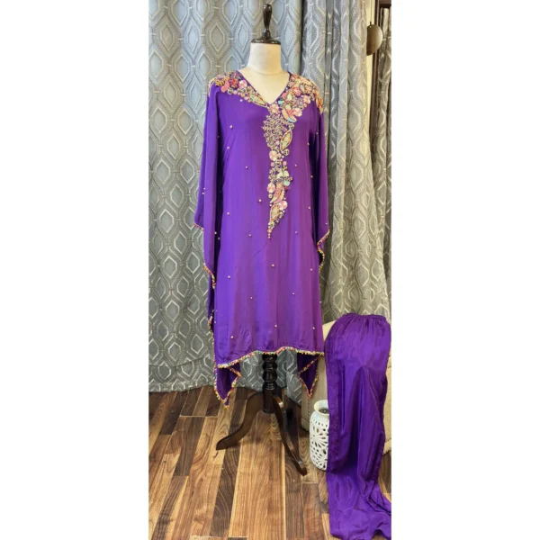 Imperial Crepe Satin Kaftan with Hand-Done Zardosi & Wooden Tassels