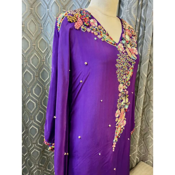 Imperial Crepe Satin Kaftan with Hand-Done Zardosi & Wooden Tassels