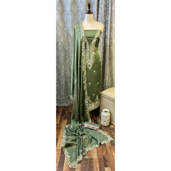 Olive Green Diamond Satin Suit with Zari & Mirror Artistry