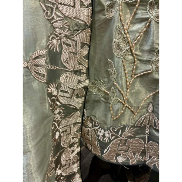Olive Imperial Tissue Organza Suit with Zardosi Elephant Motifs