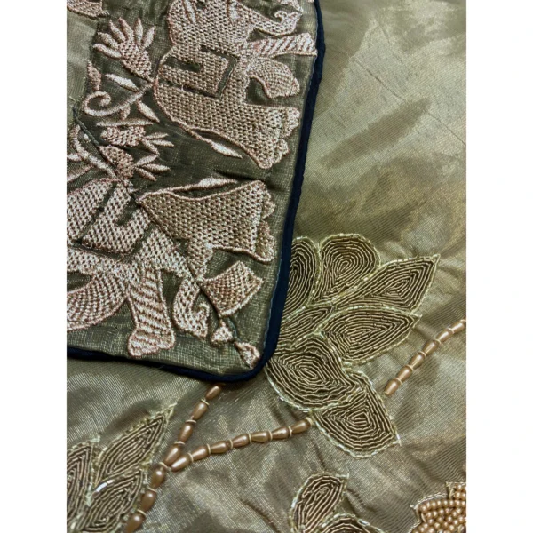 Olive Imperial Tissue Organza Suit with Zardosi Elephant Motifs