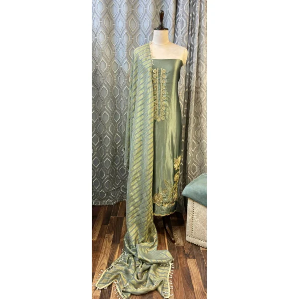 Sage Green Tissue Suit with Triple-Size Kundan & Scalloped Borders