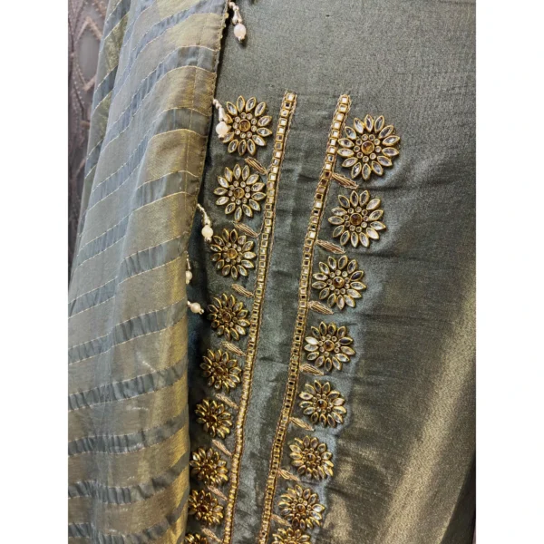 Sage Green Tissue Suit with Triple-Size Kundan & Scalloped Borders