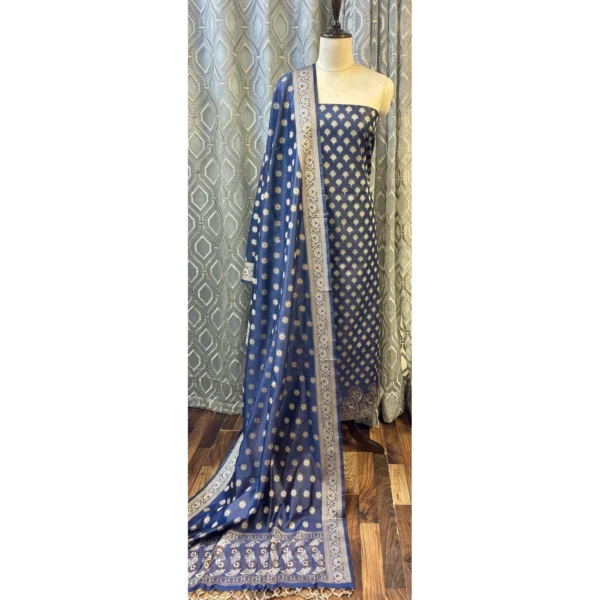 Imperial Sapphire Jamawar Silk Suit with Ornate Weave