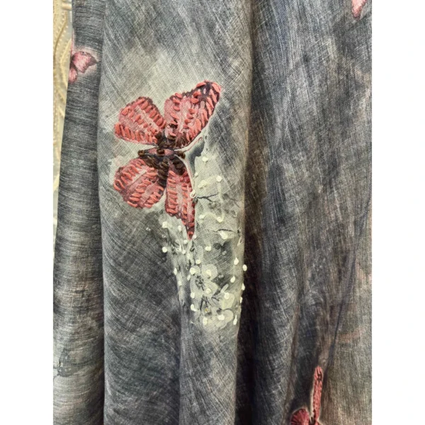 Charcoal Mist Tissue Linen Suit with Hand-Done Butterfly Artistry