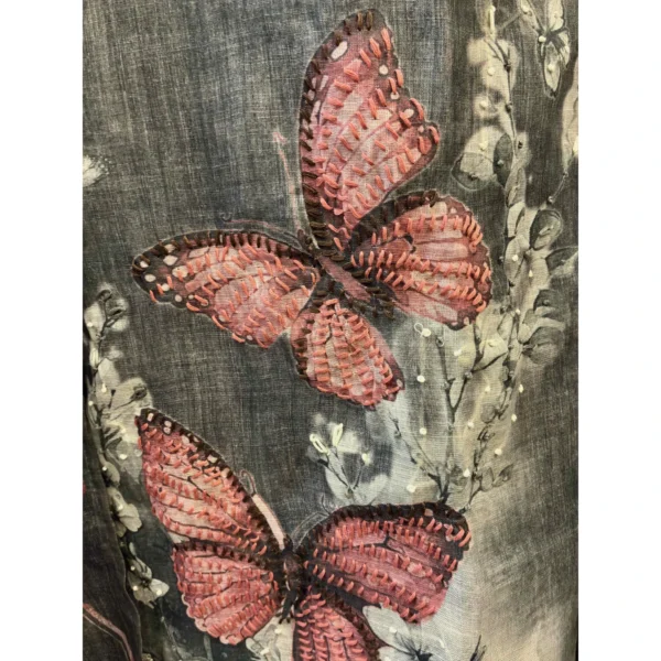 Charcoal Mist Tissue Linen Suit with Hand-Done Butterfly Artistry