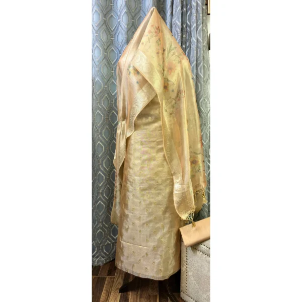 Golden Sandalwood Silk Suit with Hand-Embroidered Neckline & Tissue Silk Dupatta