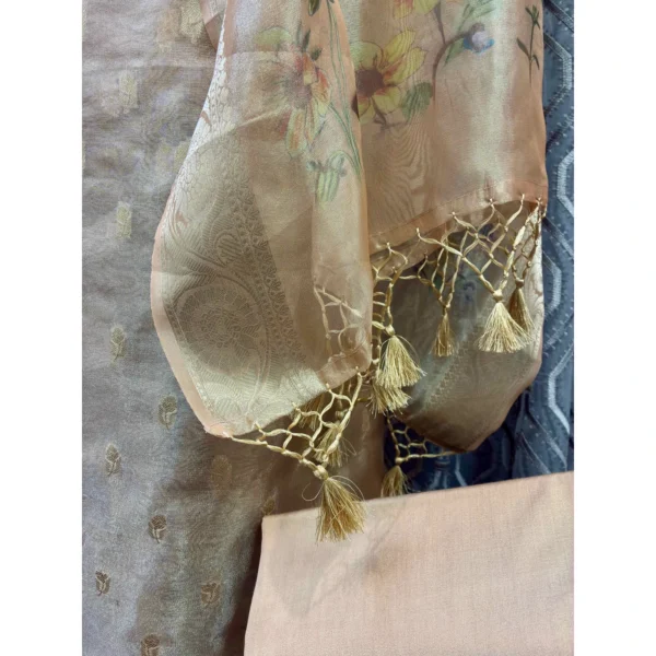 Golden Sandalwood Silk Suit with Hand-Embroidered Neckline & Tissue Silk Dupatta