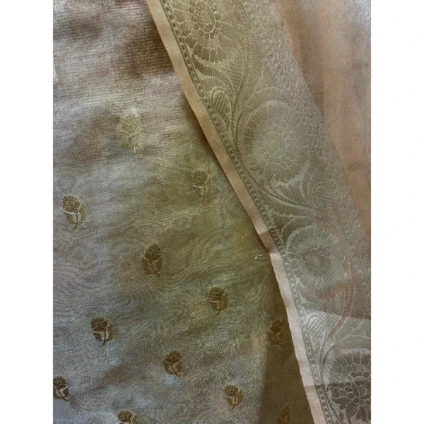 Golden Sandalwood Silk Suit with Hand-Embroidered Neckline & Tissue Silk Dupatta