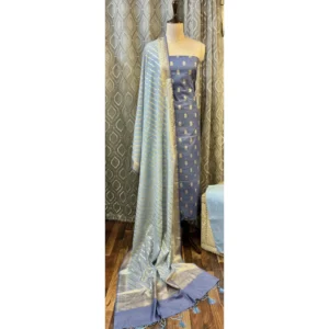Indigo & Azure Monga Silk Suit with Paani Gold Rose Motifs