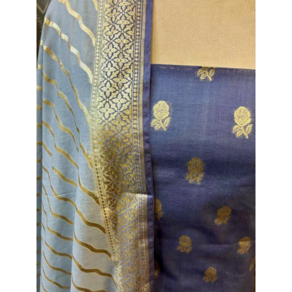 Indigo & Azure Monga Silk Suit with Paani Gold Rose Motifs