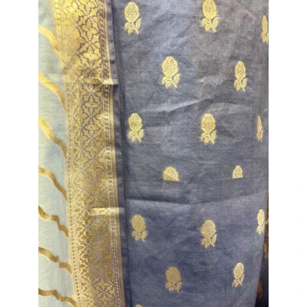 Indigo & Azure Monga Silk Suit with Paani Gold Rose Motifs