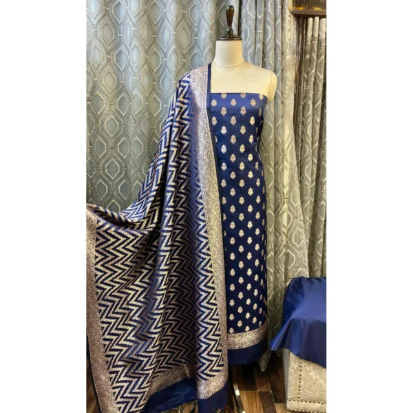 Indigo Night Pure Katan Silk Suit with Paani Gold Kadwa Weave