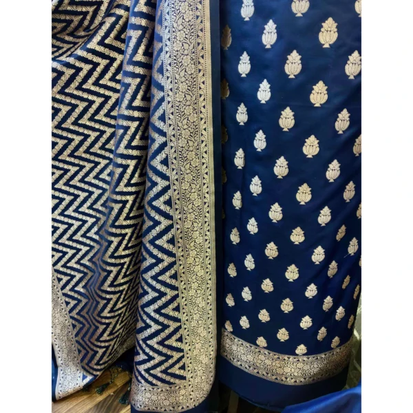 Indigo Night Pure Katan Silk Suit with Paani Gold Kadwa Weave