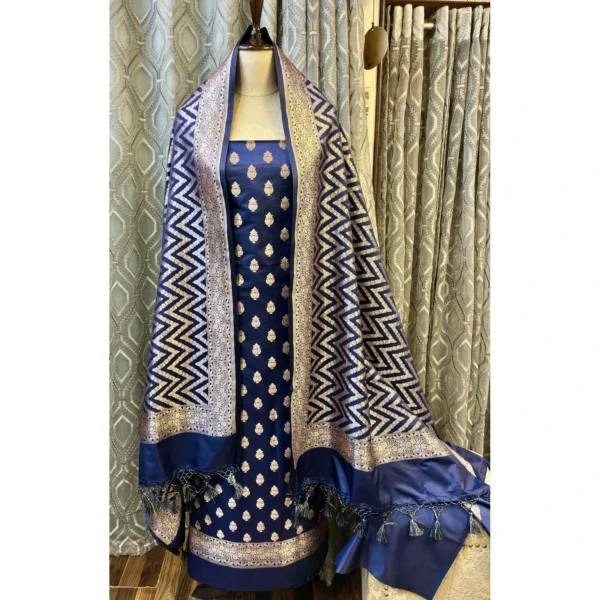 Indigo Night Pure Katan Silk Suit with Paani Gold Kadwa Weave