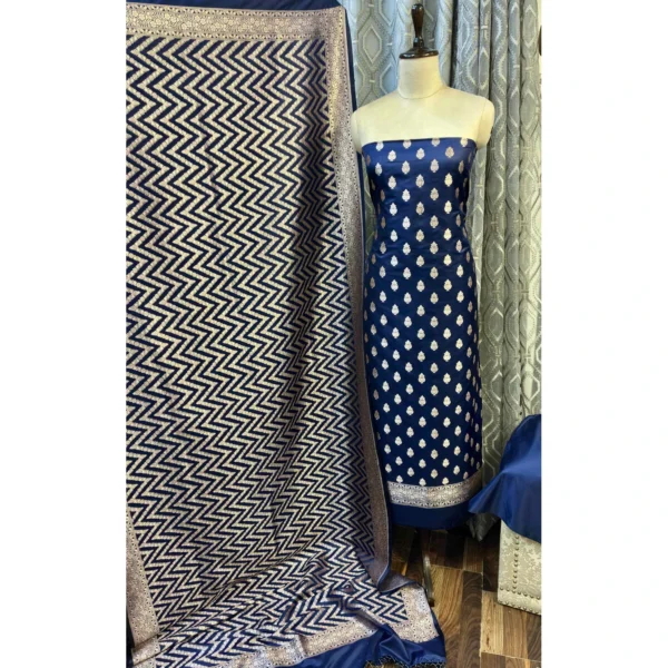 Indigo Night Pure Katan Silk Suit with Paani Gold Kadwa Weave