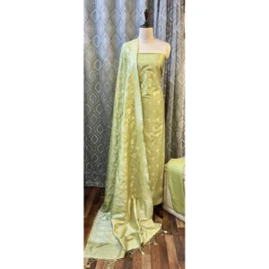 Pistachio Light Green Cotton Silk Jamawar Suit with Heavy Tasselled Dupatta