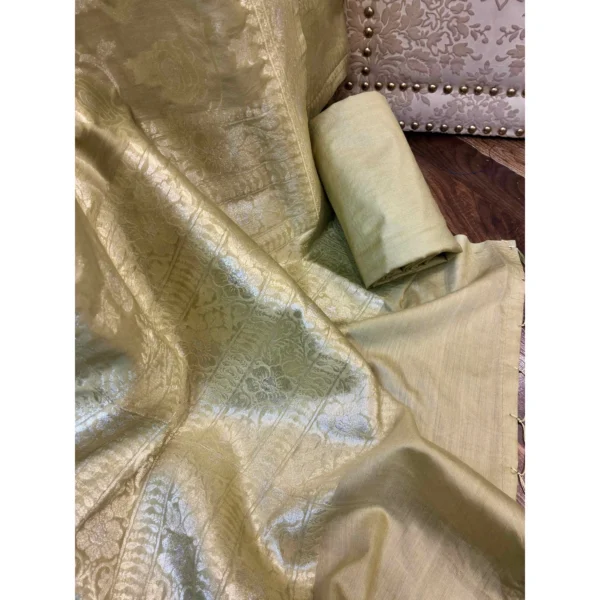Pistachio Light Green Cotton Silk Jamawar Suit with Heavy Tasselled Dupatta