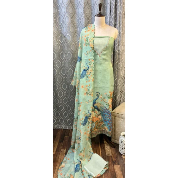 Mint Serenity Tissue Linen Suit with Hand-Done Peacock Artistry