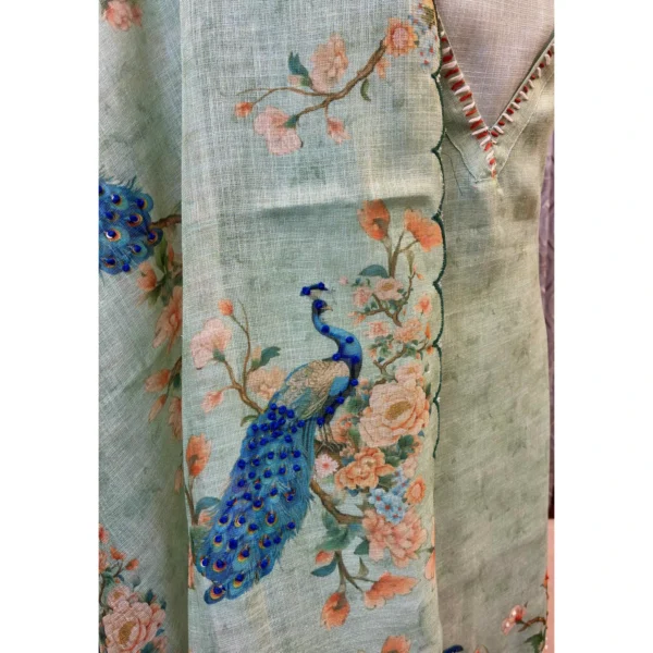 Mint Serenity Tissue Linen Suit with Hand-Done Peacock Artistry
