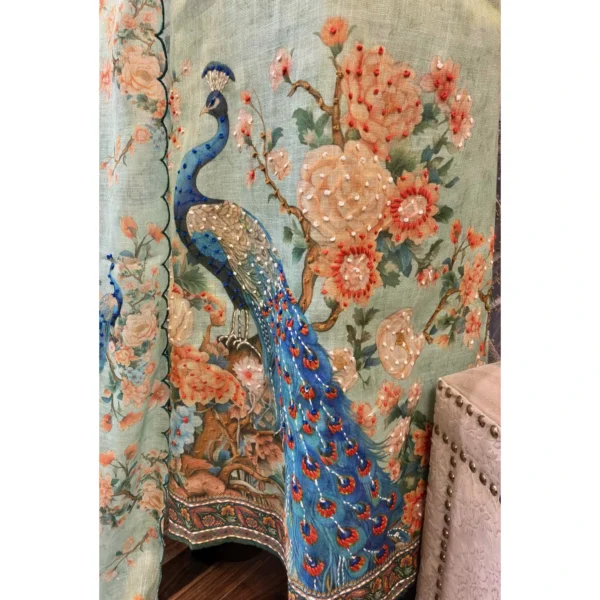 Mint Serenity Tissue Linen Suit with Hand-Done Peacock Artistry
