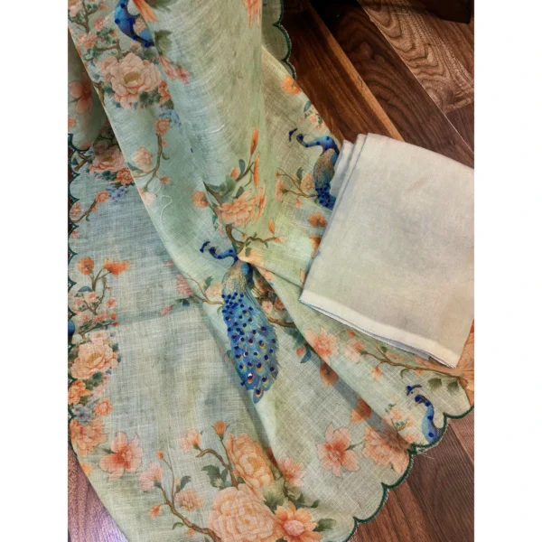 Mint Serenity Tissue Linen Suit with Hand-Done Peacock Artistry