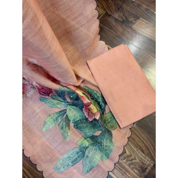 Peach Nectar Tissue Linen Suit with Hand-Worked Bird Motifs