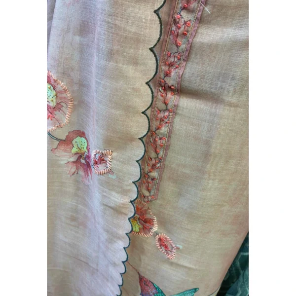 Peach Nectar Tissue Linen Suit with Hand-Worked Bird Motifs