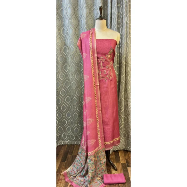 Rosewood Pink Silk Suit with Hand-Embroidered Neckline & Tissue Silk Dupatta