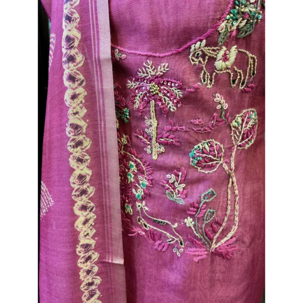 Rosewood Pink Silk Suit with Hand-Embroidered Neckline & Tissue Silk Dupatta