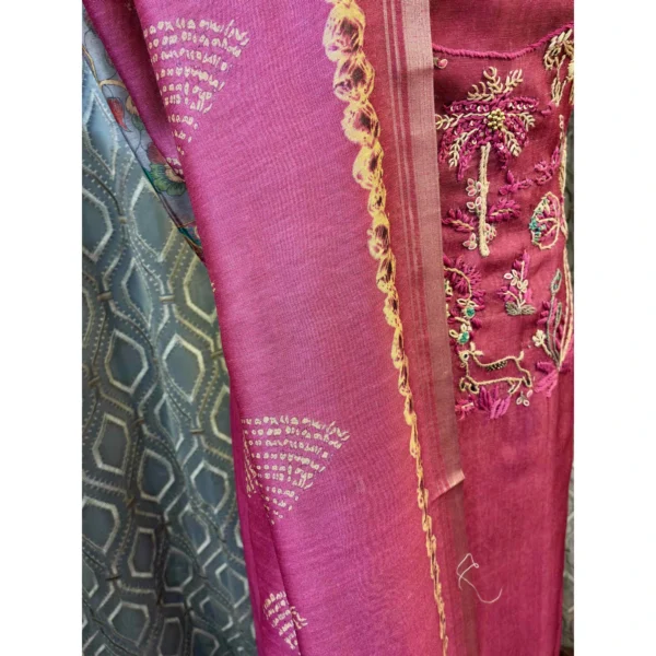 Rosewood Pink Silk Suit with Hand-Embroidered Neckline & Tissue Silk Dupatta
