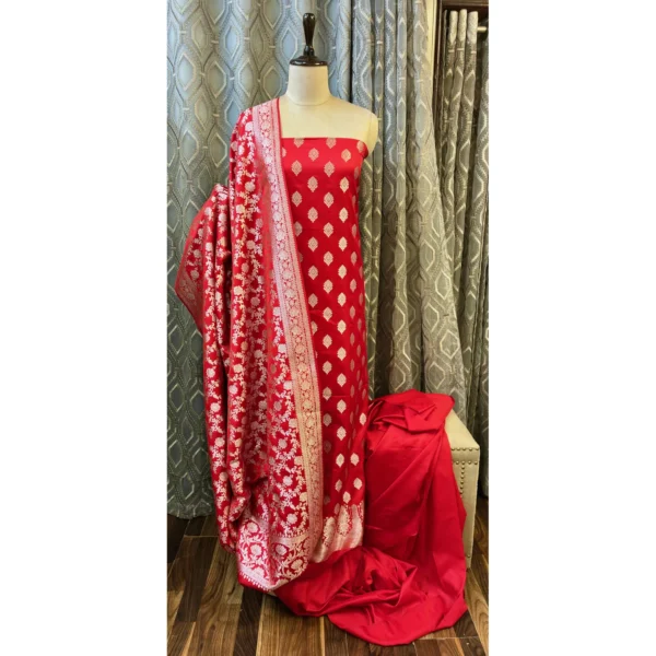 Crimson Red Katan Silk Suit with Paani Gold Kadwa Weave & Heavy Jaal Dupatta