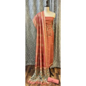 Burnished Rust Silk Suit with Hand-Embroidered Neckline & Tissue Silk Dupatta