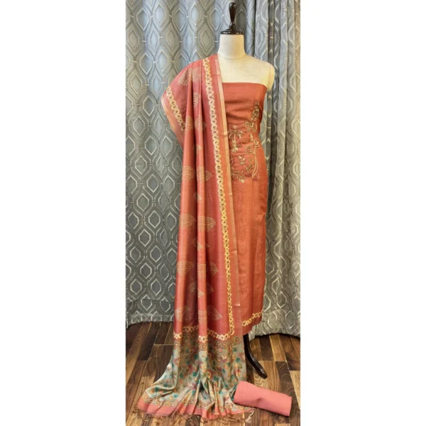 Burnished Rust Silk Suit with Hand-Embroidered Neckline & Tissue Silk Dupatta