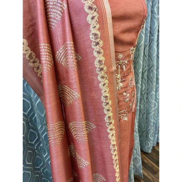 Burnished Rust Silk Suit with Hand-Embroidered Neckline & Tissue Silk Dupatta