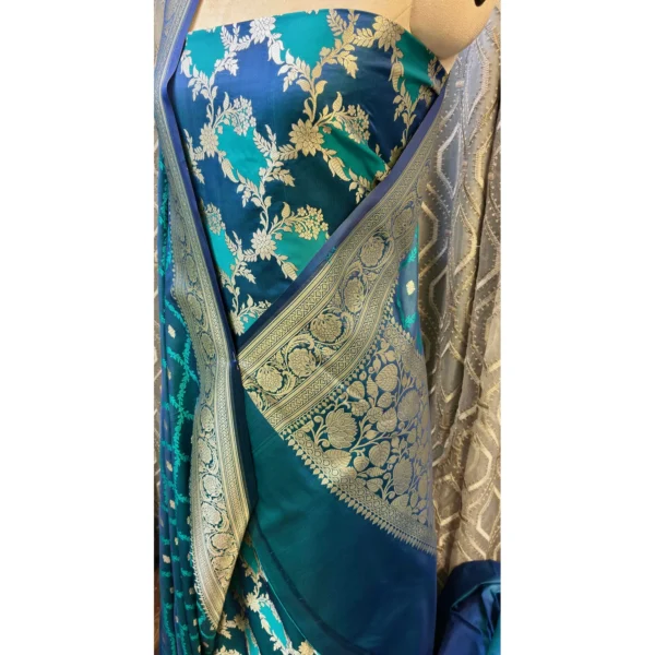 Teal & Azure Rang Kaat Silk Suit with Paani Gold Kadwa Weave