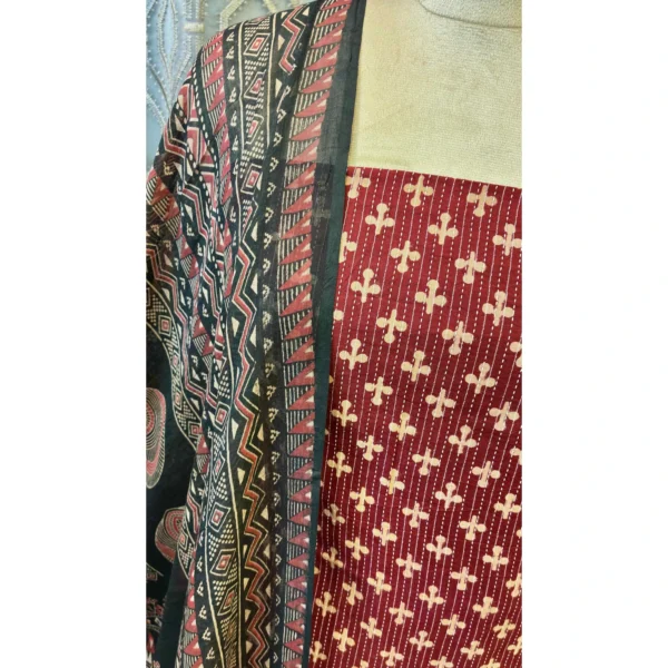 Crimson Vine Cotton Suit with Kantha Stitch & Hand-Block Print