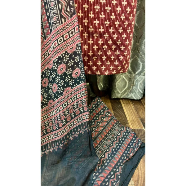Crimson Vine Cotton Suit with Kantha Stitch & Hand-Block Print