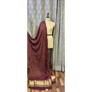 Heritage Maroon Gajji Silk Dupatta with Dual Bandhej & Hand-Block