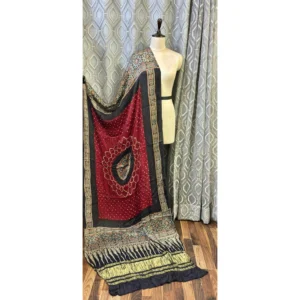 Heritage Red & Black Gajji Silk Dupatta with Ajrakh Hand-Block & Bandhej Makdi Design
